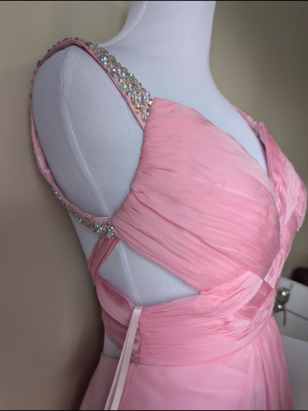 La Femme Pink Prom Dress Beaded Straps Tie Up Back